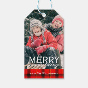 Glad röd pläd allt familjfotojul presentetikett