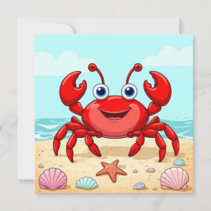 Glad röd tecknad krabba på en strand med snigelska