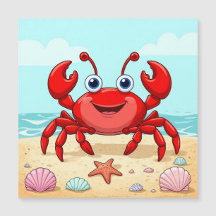 Glad röd tecknad krabba på en strand med snigelska