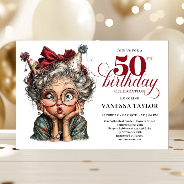 Glad rolig dam 50-årsdag tecknad humor  inbjudningar (Joyful Funny Lady 50th Birthday Cartoon Humor Invitation)