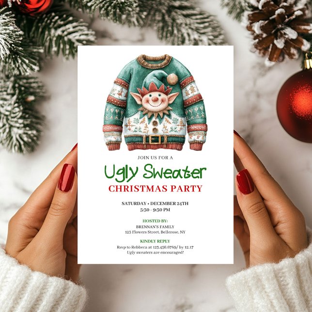 Glad Rolig Ful Julskort Tröja Inbjudningar (Cheerful Funny Ugly Sweater Christmas Card)