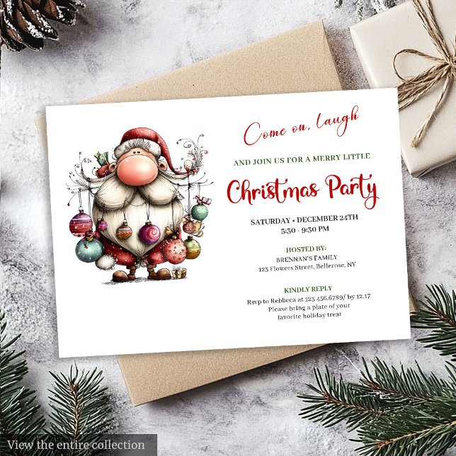 Glad Rolig Tomte Röd Grön Redigerbar Högtidskort Inbjudningar (Jolly Funny Santa Red Green Editable Holiday Invite)