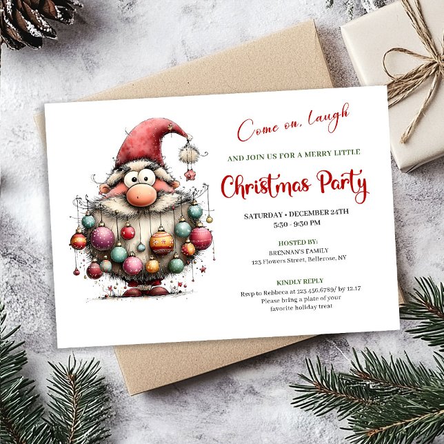 Glad Rolig Tomte Röd och Grön Festlig Party   Inbjudningar (Happy Funny Santa Red and Green Festive Party Invite)
