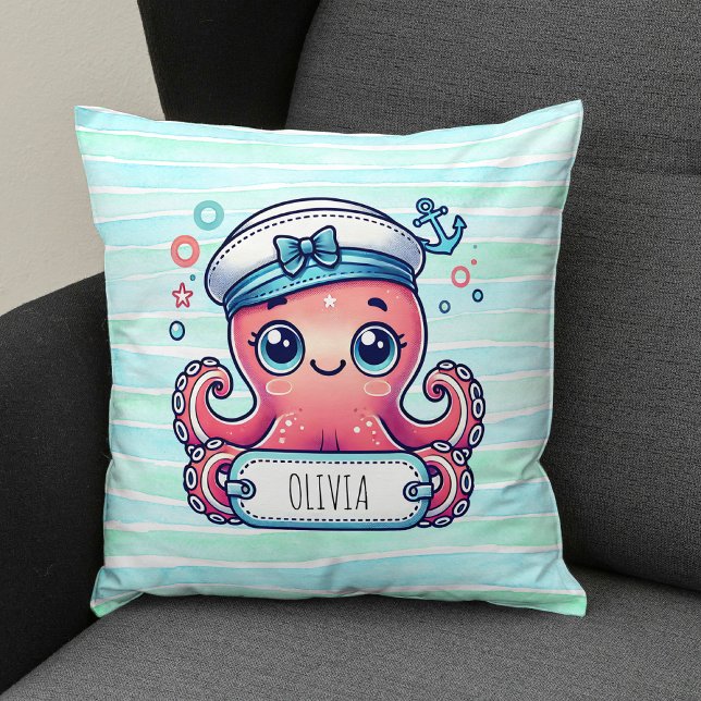 Glad rosa bläckfisk som håller namnskylt kudde (Skapare uppladdad)