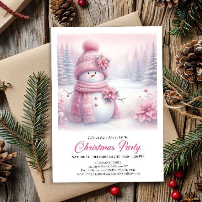 Glad Rosa Coquette Snöman Redigerbar Jul  Inbjudningar (Happy Pink Coquette Snowman Editable Christmas Invite File)