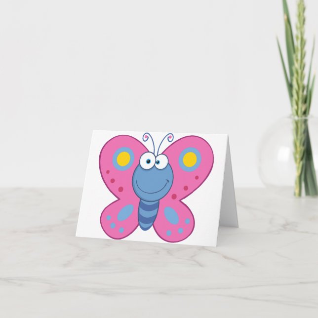 Glad rosa fjäril notkort kort (Framsida)