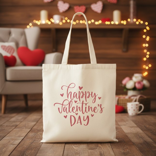 Glad Rosa- och handledsskript på Alla hjärtans dag Tygkasse (Happy Valentine's Day Pink Script & Hearts Tote Bag)