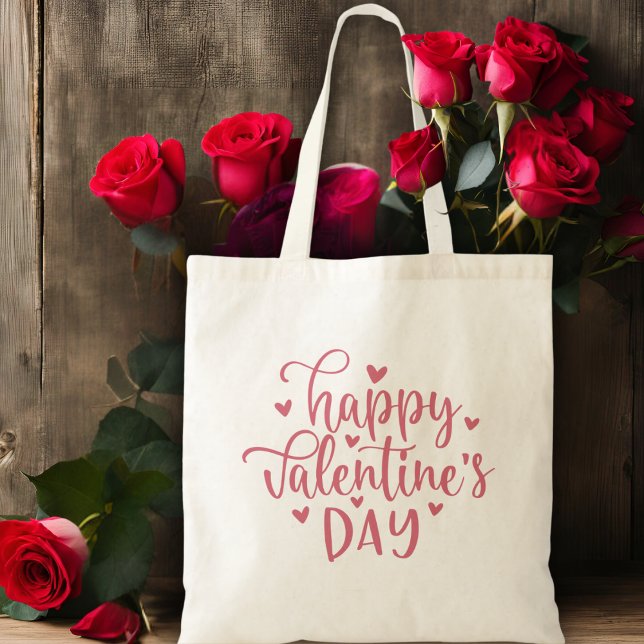 Glad Rosa- och handledsskript på Alla hjärtans dag Tygkasse (Happy Valentine's Day Pink Script & Hearts Tote Bag)