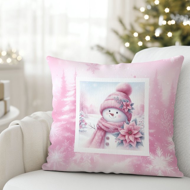 Glad Rosa Snöman Pinkmas Skog Present Kudde (Cheerful Pink Snowman Pinkmas Forest Gift Pillow)