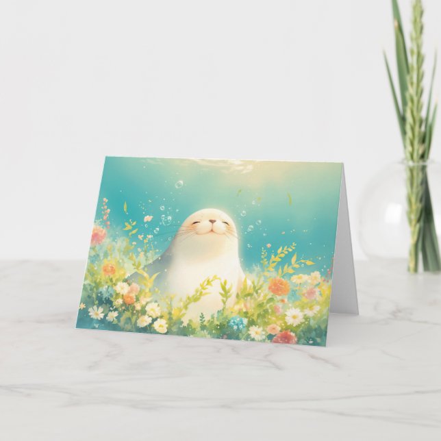 Glad säl mitt i havets blomningar kort (Framsida)