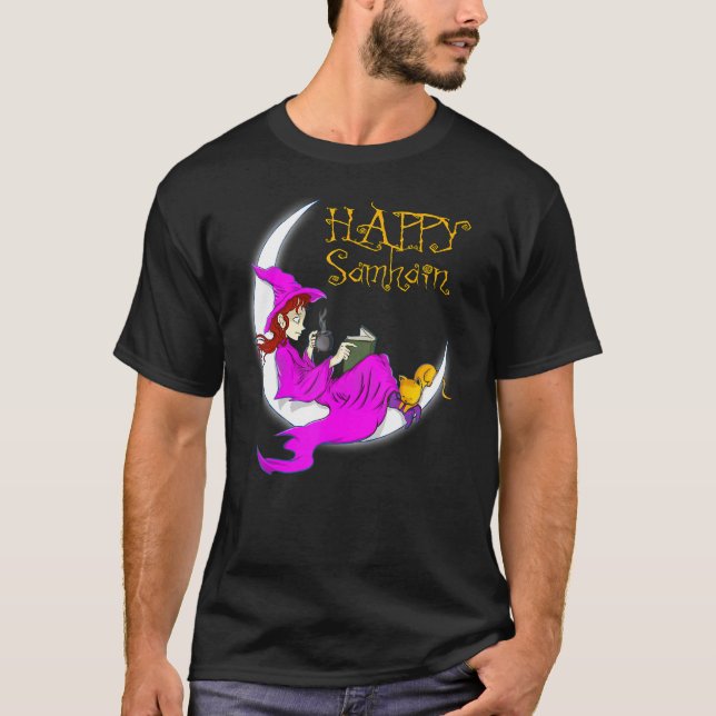 Glad Samhain Lila Häx Böcker Kaffe Katter Måne T Shirt (Framsida)