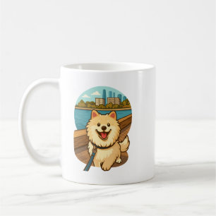 Glad Samoyed Promenad vid Stadens Strandpromenad Kaffemugg