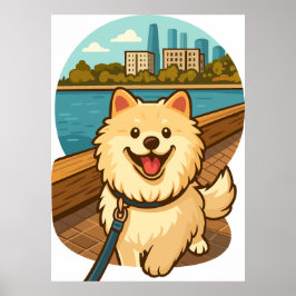 Glad Samoyed Promenad vid Stadens Strandpromenad Poster