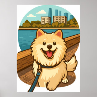 Glad Samoyed Promenad vid Stadens Strandpromenad Poster