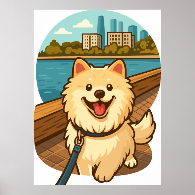 Glad Samoyed Promenad vid Stadens Strandpromenad Poster (Framsidan)
