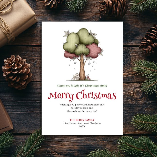 Glad Särpräglad Julgran Minimalistisk Design Julkort (Merry Quirky Christmas Tree Minimalist Design Holiday Card)