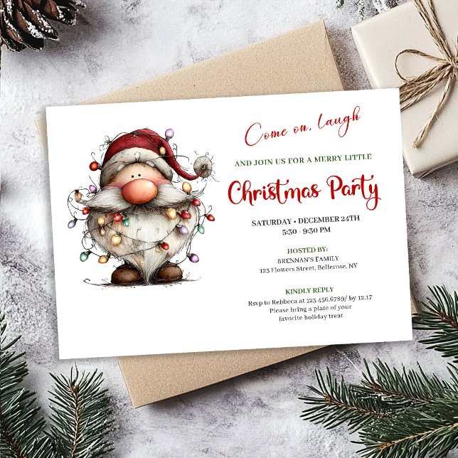 Glad Särpräglad Tomte Röd Grön Digital Festinladan Inbjudningar (Joyful Quirky Santa Red Green Digital Party Invite)