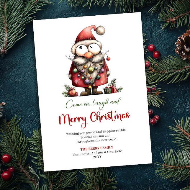 Glad Särpräglad Tomte Vattenfärg Högtidlig Hälsnin Julkort (Cheerful Quirky Santa Watercolor Holiday Greeting Card)