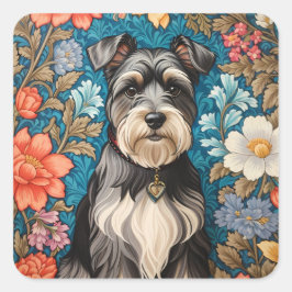 Glad Schnauzer William Morris Inspirerad Blomma Fyrkantigt Klistermärke