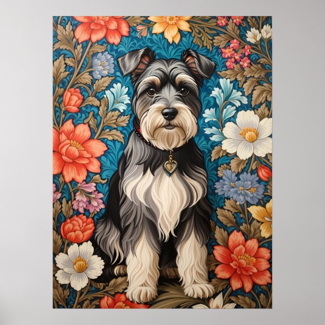 Glad Schnauzer William Morris Inspirerad Blomma Poster (Framsidan)