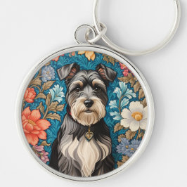 Glad Schnauzer William Morris Inspirerad Blomma Rund Silverfärgad Nyckelring