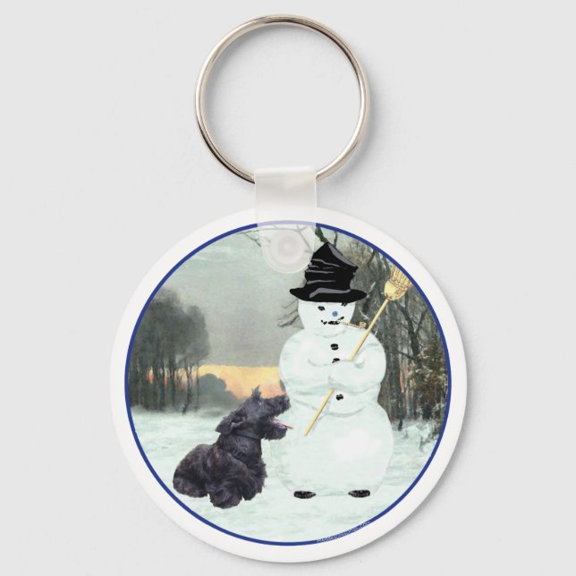 Glad Scottish Terrier & Snöman Nyckelring (Framsida)
