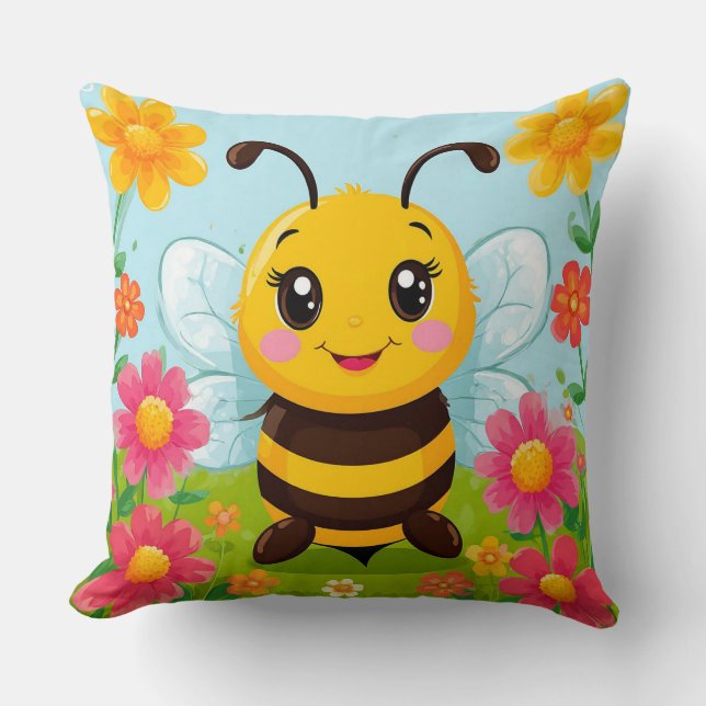 Glad seriebiell omgiven av ljusa blommor kudde (Framsida)