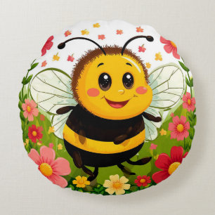 Glad seriebiell omgiven av ljusa blommor rund kudde