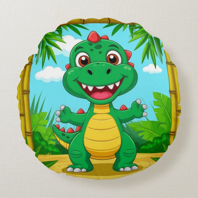 Glad seriefigur av dinosaurie i bambu ram rund kudde (Framsidan)