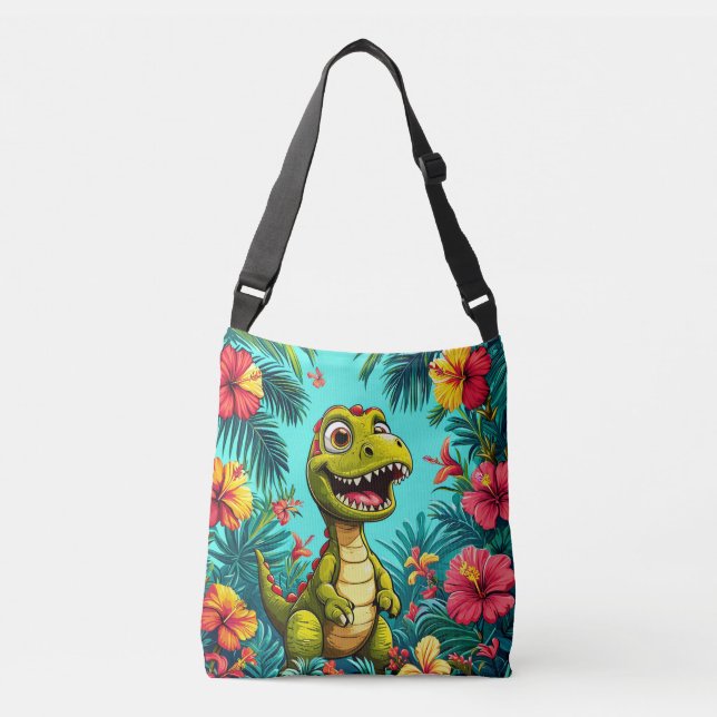 Glad seriefigur av dinosaurie med tropiska blommor axelväska (Framsida)