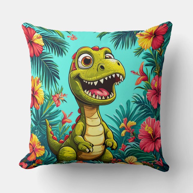 Glad seriefigur av dinosaurie med tropiska blommor kudde (Framsida)
