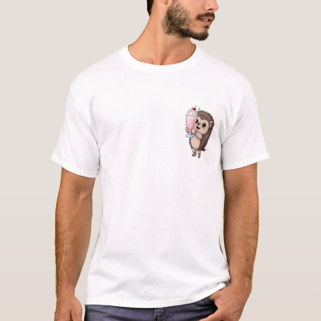 Glad seriefigur av igelkott som håller t shirt (Framsida)
