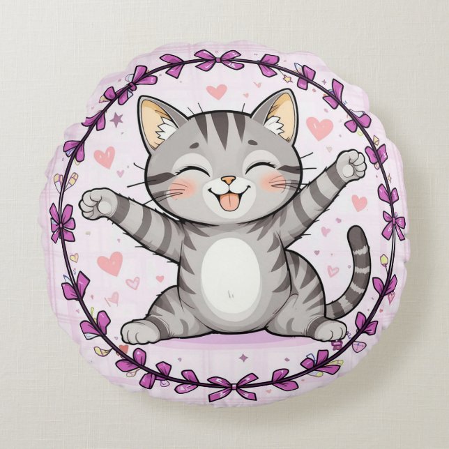 Glad seriefigur katt Söt djurillustrationsstil  Rund Kudde (Framsidan)