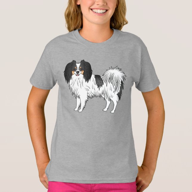 Glad serietecknad hund som avbildar en trefärgad P T Shirt (Framsida)