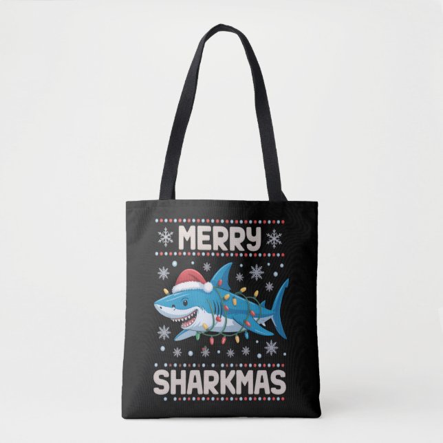 Glad Sharkjul Tomte Fula Julbelysningar Xmas  Tygkasse (Framsida)