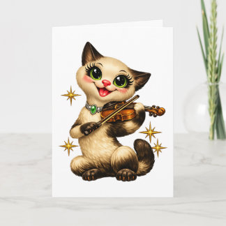 Glad siamesisk katt som spelar violin retro mitten kort