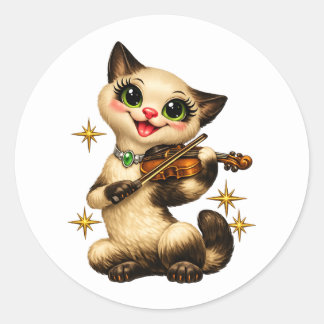 Glad siamesisk katt som spelar violin retro mitten runt klistermärke