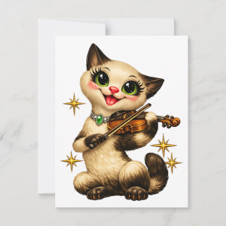 Glad siamesisk katt som spelar violin retro mitten tack kort