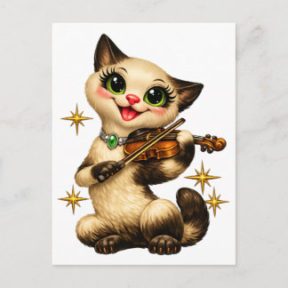 Glad siamesisk katt som spelar violin retro mitten vykort