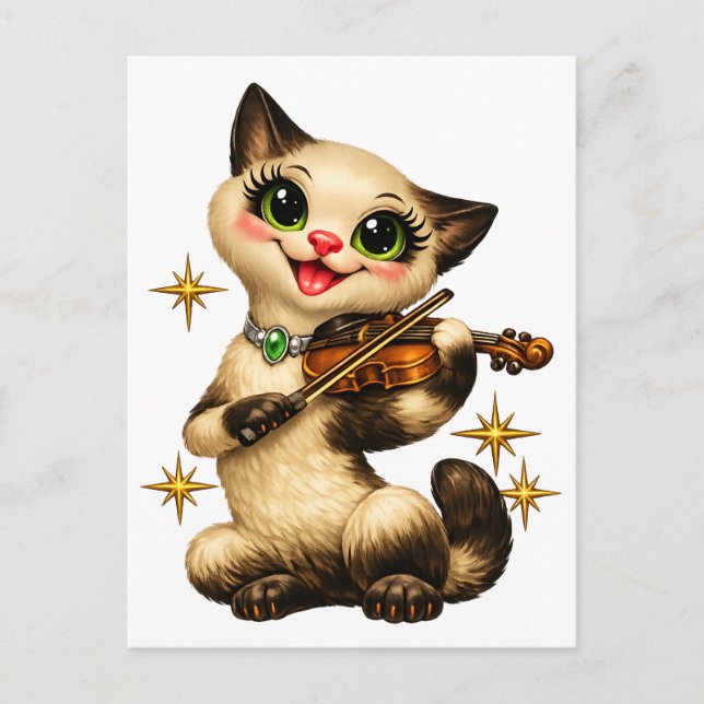 Glad siamesisk katt som spelar violin retro mitten vykort (Framsida)