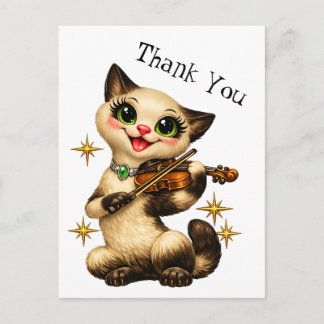 Glad siamesisk katt som spelar violin retro tack vykort