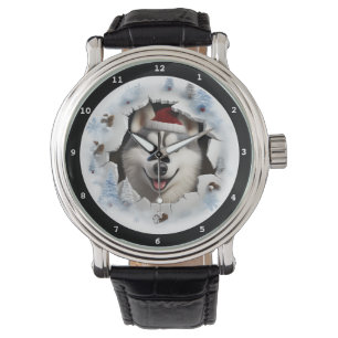 Glad siberisk husky-valp Vinterlovbild Armbandsur