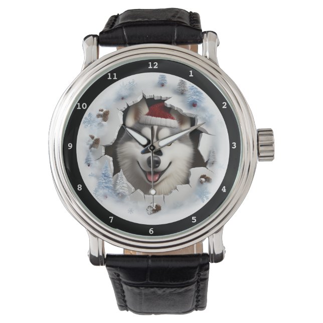 Glad siberisk husky-valp Vinterlovbild Armbandsur (Framsida)