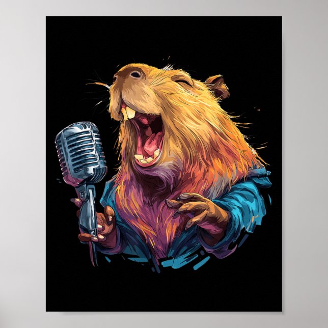 Glad Sjungande Kapybara med Mikrofon för Karaokeäl Poster (Framsidan)