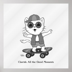 Glad Skaterkatt på silvergrå solglasögon Poster