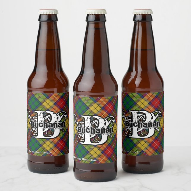 Glad skotte Buchanan Clan Buchanan Tartan Monogram Ölflaska Etikett (Flaskor)