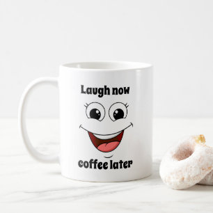 glad skrattar ansikte, skrattar nu kaffe senare kaffemugg