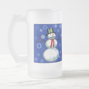 glad snögubbe i blått med snöflingor frostat ölglas