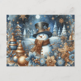 Glad snöman blues och guld design nyckfull vykort