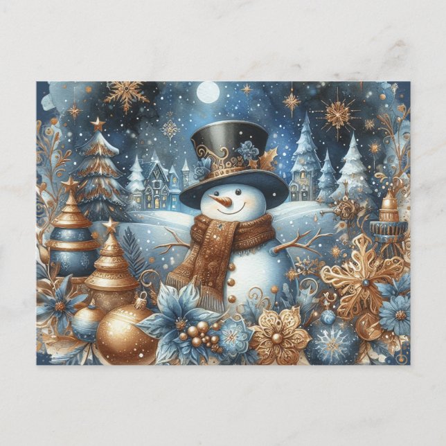 Glad snöman blues och guld design nyckfull vykort (Framsida)